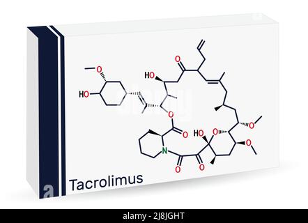 Tacrolimus, FK-506 ou molécule de Fujimycine. Il s'agit d'un puissant agent immunosuppresseur. Formule chimique du squelette. Emballage en papier pour médicaments. Vecteur illustrat Illustration de Vecteur