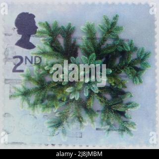 Photo d'un timbre-poste britannique de Noël avec une image du feuillage de l'étoile bleue de l'épinette 2002 Banque D'Images