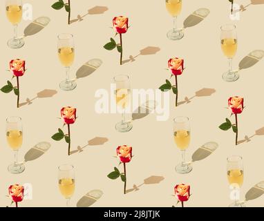 Motif printanier en rose coloré et verre de vin sur fond beige. Concept romantique créatif. Banque D'Images