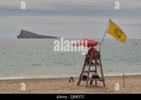 Tour de maître-nageur avec maître-nageur assis sous un parapluie et portant un drapeau jaune sur la plage de Poniente à Benidorm, Alicante, Espagne, Europe Banque D'Images