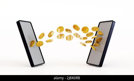 Concept de banque mobile, transfert de pièces de monnaie d'un smartphone à un autre téléphone portable, e-portefeuille de transfert d'argent en ligne, rendu 3D. Banque D'Images