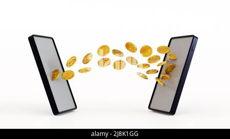 Concept de banque mobile, transfert de pièces de monnaie d'un smartphone à un autre téléphone portable, e-portefeuille de transfert d'argent en ligne, rendu 3D. Banque D'Images