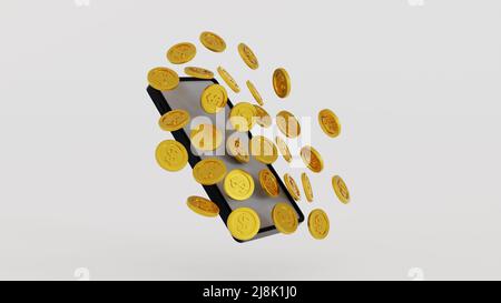 Smartphone avec pièces d'or entourées, concept de gestion et d'administration en ligne affaires avec téléphone mobile. 3D rendu. Banque D'Images