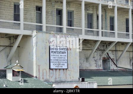 Zone des arrivées de l'île pénitentiaire Alcatraz, États-Unis, Californie, San Francisco, île d'Alcatraz Banque D'Images