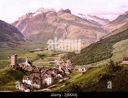 Hospental et col de Furka, Uri, Suisse 1890. Banque D'Images