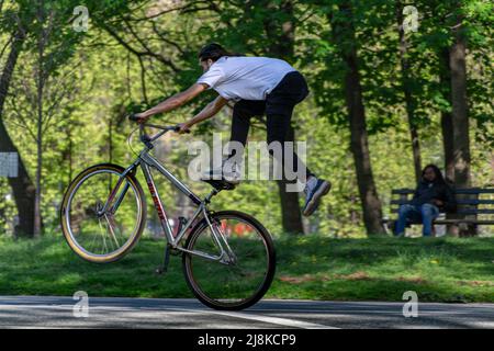 Un jeune homme fait une promenade à vélo dans le parc Prospect de Brooklyn Banque D'Images