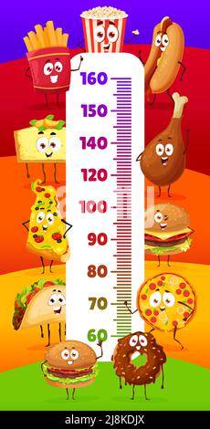 Personnages de dessin animé fast food, tableau de hauteur pour enfants ou règle vectorielle de mesure de croissance. Pèse-bébé avec mignonne hamburger fastfood, pizza et cheeseburger, hot dog et crème glacée, pop-corn et tacos Illustration de Vecteur