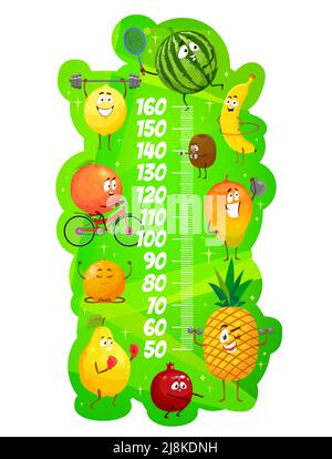 Tableau de hauteur des enfants drôle de fruits de croissance mètre. Autocollant mural vectoriel avec personnages amusants de dessin animé citron, pastèque, banane, mangue, ananas, règle de grenat, de coing, d'orange, de mandarine et de citron Illustration de Vecteur