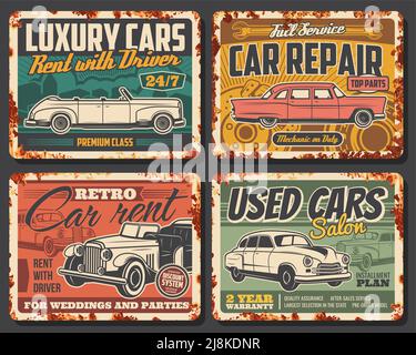 Service de voiture plaques de métal rouillé, panneaux de métal vintage Vector. Garage de réparation mécanique et travaux de restauration. Remplacement des pièces de rechange, entretien et location de voitures, magasin de voitures d'occasion Illustration de Vecteur