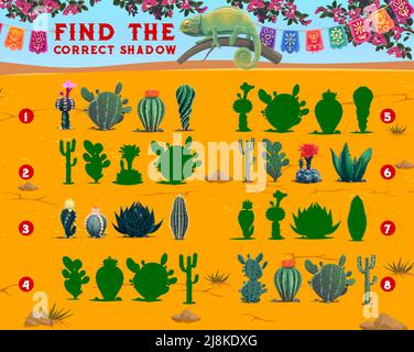 Trouvez l'ombre correcte des succulents cactus mexicains. Shadow compare le jeu éducatif, l'intelligence des enfants, l'activité de jeu ou l'énigme. Quiz logique pour enfants, page de vecteur de puzzle avec cactus de flore mexicaine Illustration de Vecteur