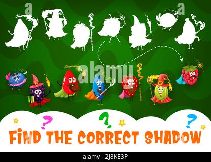 Trouvez l'ombre correcte des personnages de l'assistant, du mage et de la fée de la bande dessinée. Shadow compare le jeu d'intelligence, l'activité de jeu éducative ou le jeu de vecteur logique pour enfants avec les sorciers drôles de baies Illustration de Vecteur