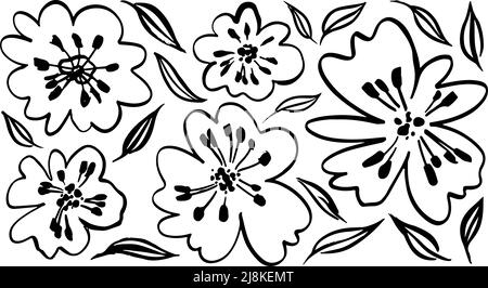 Fleurs simples linéaires noires isolées sur blanc. Illustration de Vecteur