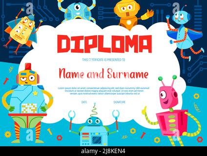 Diplôme pour enfants. Dessins animés robots drôles. Modèle de vecteur d'invitation de célébration de réalisation d'éducation ou diplôme d'enfant, certificat de gagnant de concours d'enfants avec de mignons droïdes étrangers, robots rétro ou cyborg Illustration de Vecteur