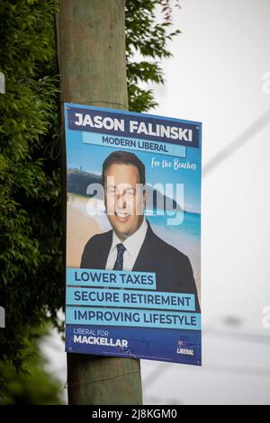 Élection fédérale australienne 2022, affiche corflûte faisant la promotion de M. Jason Falinski, membre libéral en exercice, au siège fédéral de Mackellar, Nouvelle-Galles du Sud, Australie Banque D'Images