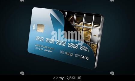 Rendu 3d de la carte de crédit ouverte avec des barres dorées, concept de protection de carte, chemin d'écrêtage inclus Banque D'Images