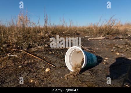 Déchets de plastique lavés à terre sur Spiekeroog, Allemagne Banque D'Images