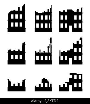 Ensemble de bâtiments de ville en ruines. Isolé sur fond blanc. Apocalypse naturel ou guerre. Triste paysage de destruction. Vecteur. Illustration de Vecteur