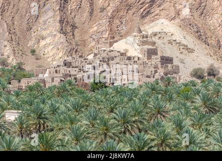À quelques kilomètres de Nizwa et faisant partie d'une étonnante oasis pleine de palmiers et de bananes, Birkat Al Mouz est l'un des villages les plus scénographiques d'Oman Banque D'Images