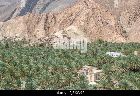 À quelques kilomètres de Nizwa et faisant partie d'une étonnante oasis pleine de palmiers et de bananes, Birkat Al Mouz est l'un des villages les plus scénographiques d'Oman Banque D'Images