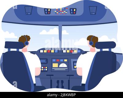 Cockpit d'avion avec pilote assis devant le tableau de bord pour conduire le plan à l'intérieur dans l'illustration du vecteur de dessin animé Illustration de Vecteur