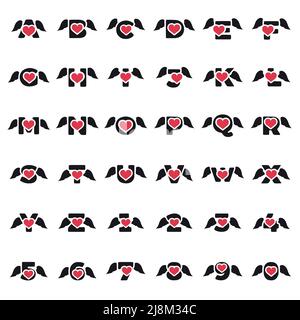 Ensemble vectoriel de lettres et de chiffres avec symbole de coeur et ailes isolées sur fond blanc. Illustration de Vecteur