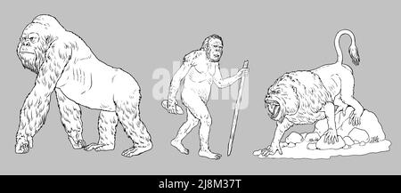 Primates préhistoriques gigantopithecus, dinopithecus et australopithecus. Ancêtres des humains pour le livre de coloriage. Banque D'Images