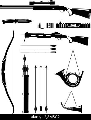 Illustration de silhouette différentes armes et objets de chasse sur fond blanc. Illustration de Vecteur