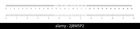 Jeu de rubans de règle avec divisions verticales noires et nombres pour mesurer l'illustration du vecteur de longueur. Outil scolaire simple 12 pouces et 30 centimètres l Illustration de Vecteur