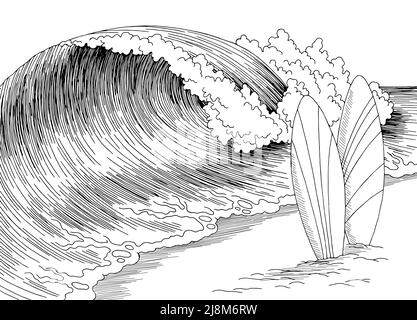 Surf mer côte graphique plage noir blanc paysage esquisse illustration vecteur Illustration de Vecteur