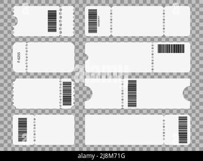 Modèle de ticket défini. Billets de cinéma, de théâtre, de concert et d'embarquement. Bons de réduction et de vente. Illustration vectorielle sur fond transparent. Illustration de Vecteur