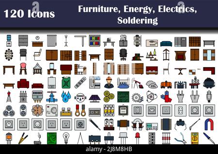 Jeu de 120 icônes. Mobilier, énergie, électricité, thèmes de soudage. Contour gras modifiable avec Color Fill Design. Illustration vectorielle. Illustration de Vecteur