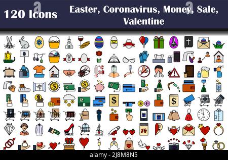 120 icônes de Pâques, coronavirus, argent, Vente, Saint-Valentin. Contour gras modifiable avec Color Fill Design. Illustration vectorielle. Illustration de Vecteur