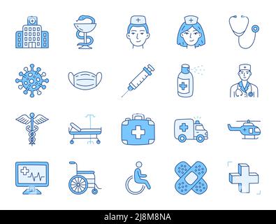 Illustration de l'oeddle de l'hôpital médical comprenant des icônes - médecin, infirmière, fauteuil roulant, caduceus, spray, seringue, bol d'hygeia, pharmacie. Illustration fine Illustration de Vecteur