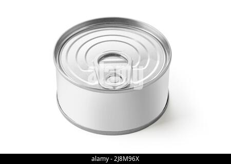 boîtes en étain métallique argenté isolées sur blanc avec passe-cheveux Banque D'Images