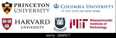 Vinnytsia, Ukraine - 16 mai 2022 : les 5 plus célèbres logos d'universités américaines. Princeton University, Columbia University, Harvard University, Massac Illustration de Vecteur