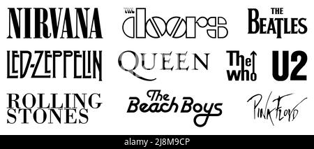 Vinnytsia, Ukraine - 16 mai 2022: Top 10 des meilleurs groupes de tous les temps. Les Rolling Stones, The Beatles, Queen, The Doors, Nirvana, L'OMS, U2 ans, a dirigé Zeppeli Illustration de Vecteur