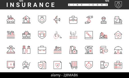 Les icônes des lignes fines rouge et noire du service d'assurance définissent l'illustration vectorielle. Protection de sécurité abstraite pour protéger et aider la santé familiale, la vie et les biens et l'argent contre les blessures, les accidents et les catastrophes Illustration de Vecteur