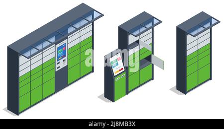 Casier à colis isométrique. Postman et casier avec panneau numérique pour le mot de passe. La chaîne de points postaux autonomes pour l'auto-réception et l'envoi Illustration de Vecteur