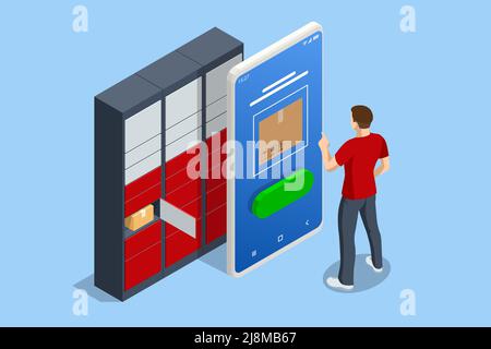 Casier à colis isométrique. Postman et casier avec panneau numérique pour le mot de passe. La chaîne de points postaux autonomes pour l'auto-réception et l'envoi Illustration de Vecteur