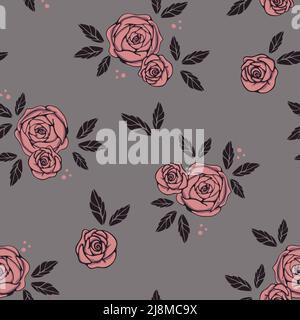 Motif vectoriel sans couture avec roses roses roses sur fond gris. Papier peint vintage simple à motif fleuri. Textile de mode romantique décoratif. Illustration de Vecteur