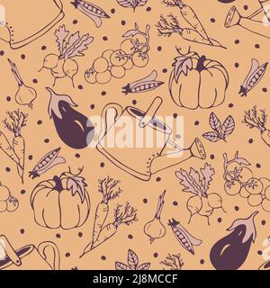 Motif vectoriel sans couture avec légumes dessinés à la main sur fond jaune. Papier peint de jardin d'été simple et moderne. Illustration de Vecteur