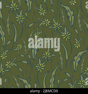 Motif vectoriel sans couture avec prairie sur fond vert. Papier peint nature à fleurs sauvages. Textile de mode floral. Illustration de Vecteur