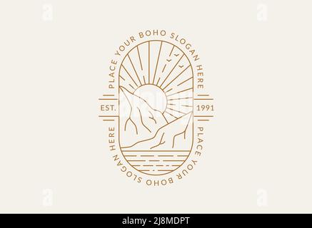 Emblème de paysage. Logo tendance pour les agences de voyages, le tourisme écologique, les stations de plein air, le glamour ou d'autres thèmes. Emblème de ligne avec montagnes et soleil. Illustration de Vecteur