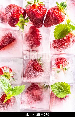 Trois rangées de glaçons avec des fraises et des feuilles de mellisa - vue de dessus. Banque D'Images