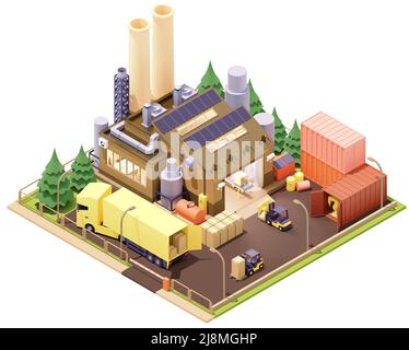 Construction d'usine isométrique Vector avec robots et convoyeur. Installation avec cheminées et système de ventilation, chariots élévateurs, camion et salle de bureau Illustration de Vecteur