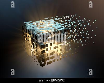 Le cube de haute technologie se désintègre dans le cyberespace. 3D illustration. Banque D'Images