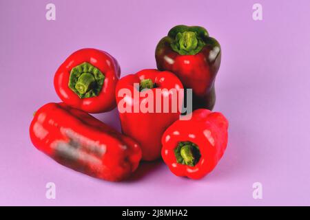 poivrons rouges et verts doux sur fond violet, légumes frais juteux sur fond coloré, mise au point sélective, mise au point douce, gros plan Banque D'Images