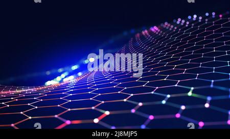Analyse du cyberespace et du Big Data. HEXAGON et nid d'abeille, champ numérique, réseau d'information privé, données chiffrées, Internet par satellite Banque D'Images