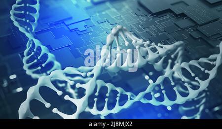 Génie génétique et technologies de pointe. Illustration du modèle de spirale d'ADN abstrait 3D. L'IA et la médecine du futur. Analyse informatique du génome Banque D'Images