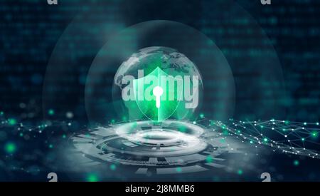 Protection des données Cyber sécurité Confidentialité.Bouclier avec icône Keyhole dans la technologie Internet d'entreprise mondiale avec un arrière-plan bleu abstrait.Informations. Banque D'Images